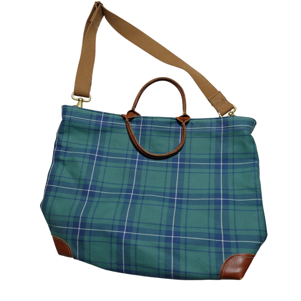 Laura Ashley Tote Bag Womens Extra Large Green Plaid Canvas Leather Crossbody
